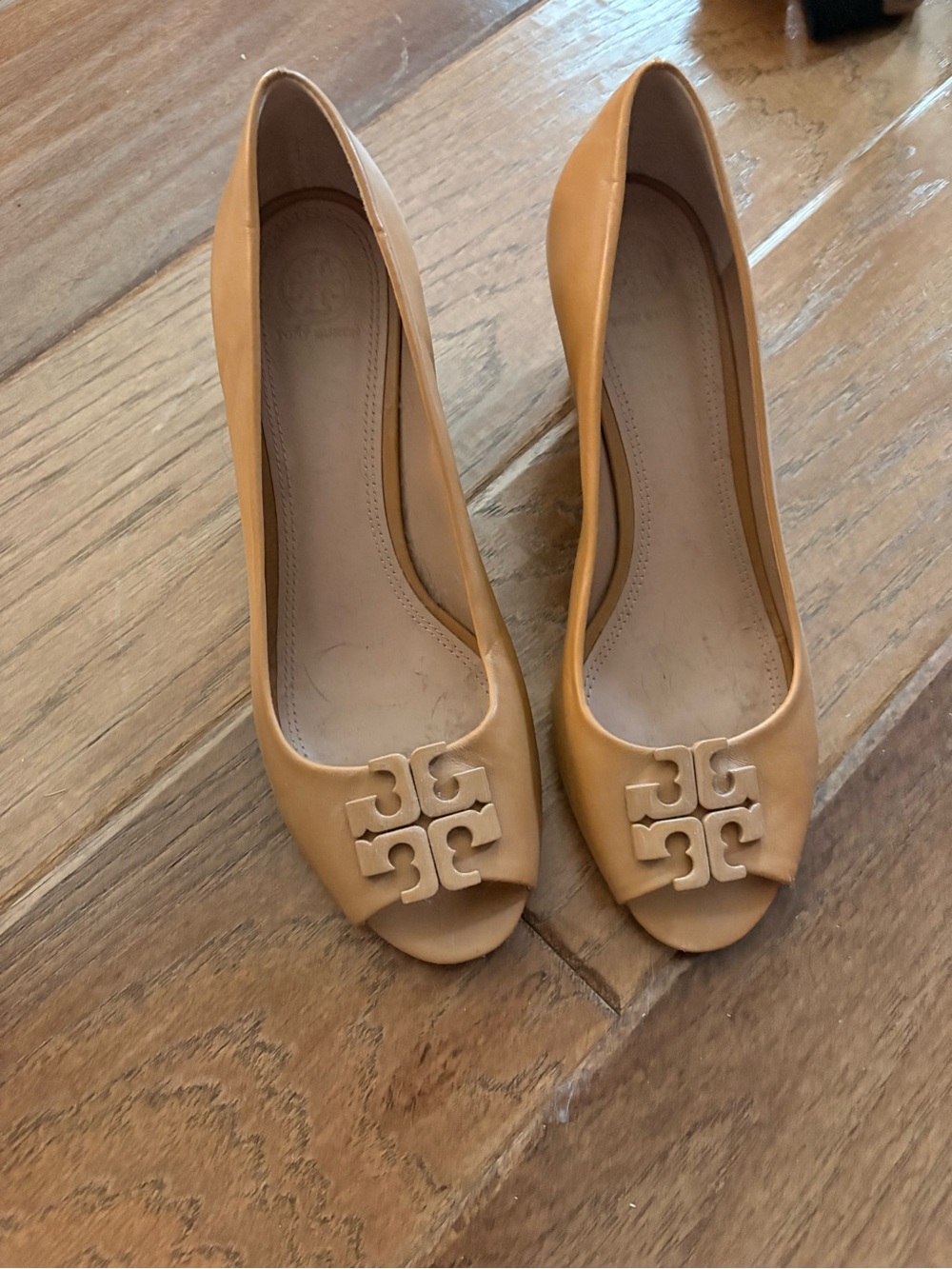 Tory Burch Tan Leather Peep-Toe Wedge with Logo Accent